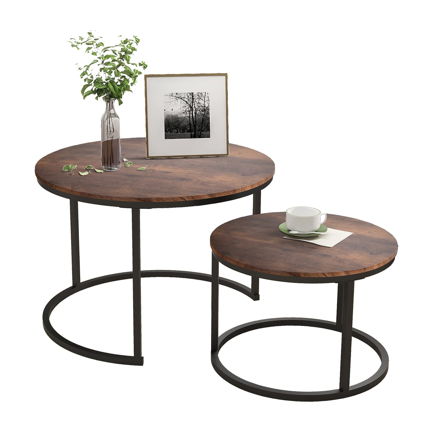 Industrial Round Coffee Table Set of 2, Stacking Side Tables with Wood-Look Top and Metal Frame for Living Room, Black/Rustic Brown