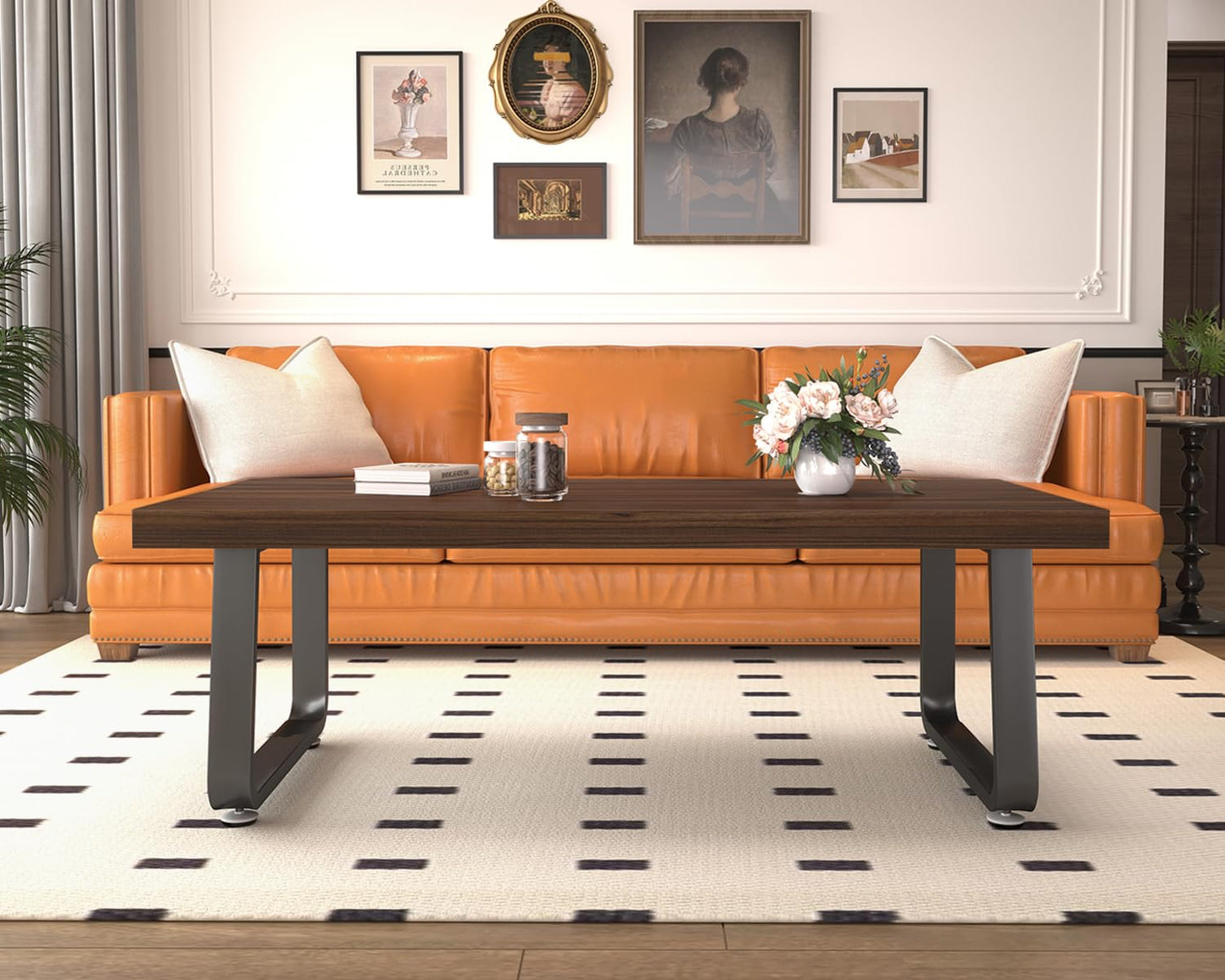 HSH 47" Rustic Walnut Coffee Table – Modern Industrial Rectangle Center Table, Farmhouse Wood and Metal Coffee Table for Living Room, Bedroom, or Office