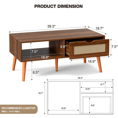 Boho Coffee Table with Rattan Drawer and Solid Wood Legs, Small Living Room Table with Storage, Walnut