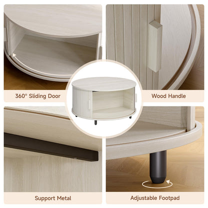 Round Coffee Table with Storage, 31.5" Modern Fluted Wood Table with 360° Sliding Door and Adjustable Footpads, Natural White