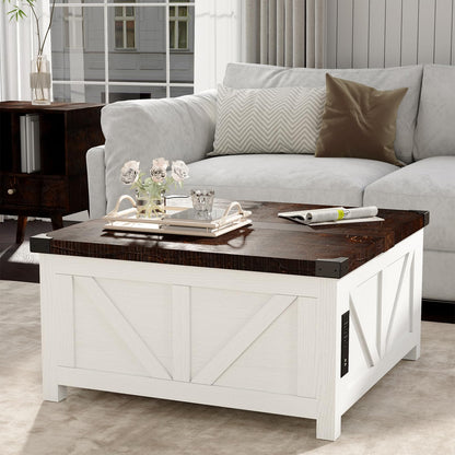 Farmhouse Lift Top Coffee Table with Storage and Charging Station – White Wood Square Center Table with USB Ports, Hidden Compartment, and Large Storage Space for Living Room, Bedroom, or Home Office