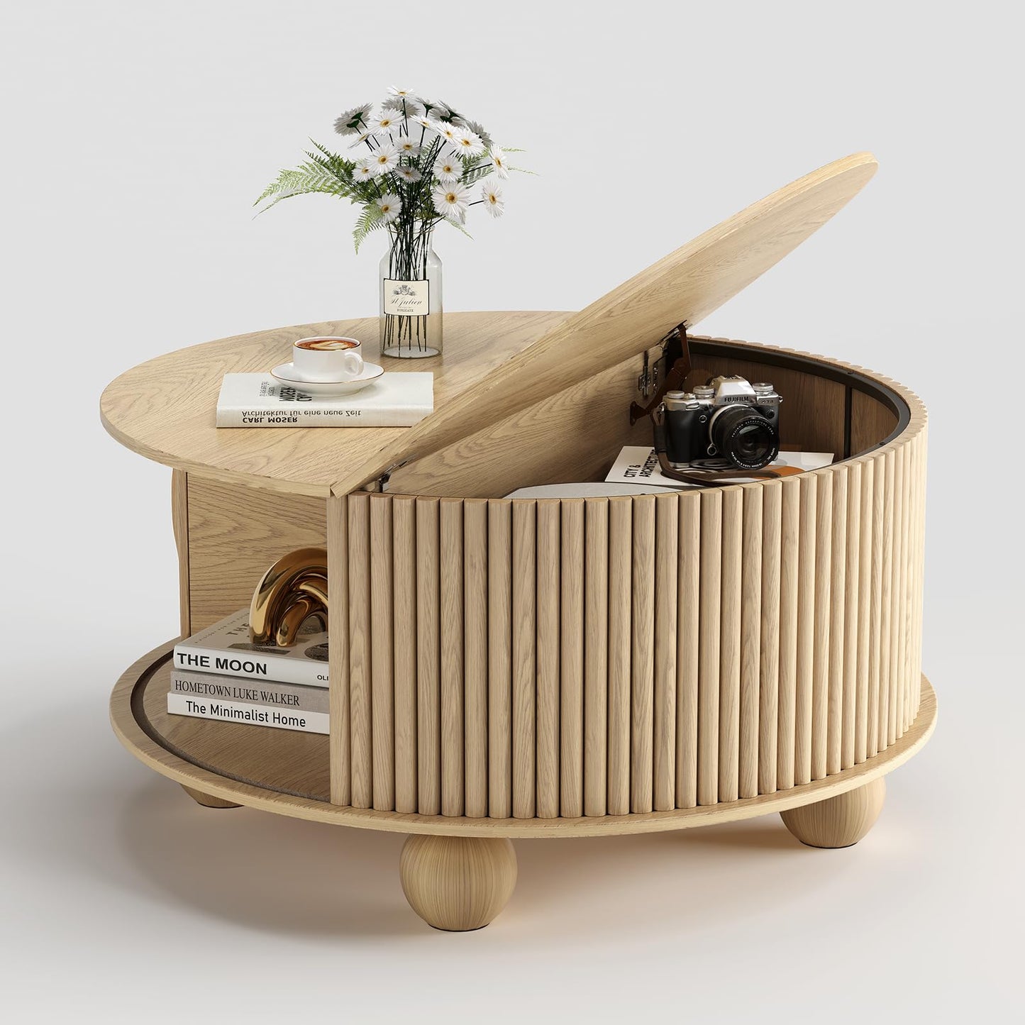 Round Coffee Table with Storage, 31.5" Fluted Lift-Top Drum Center Table with Sliding Door and Bun Feet, Mid-Century Modern Coffee Table for Living Room or Small Spaces, Oak