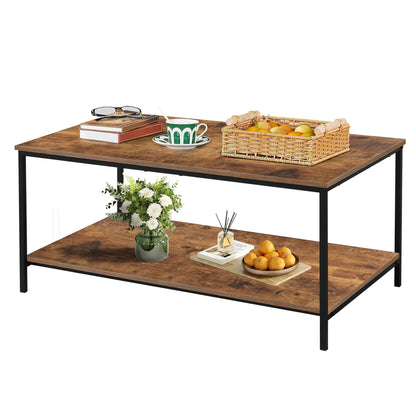 2-Tier Coffee Table with Storage Shelf, Brown Wood and Metal Frame Rectangle Table for Living Room, 39.3"x20"x16"