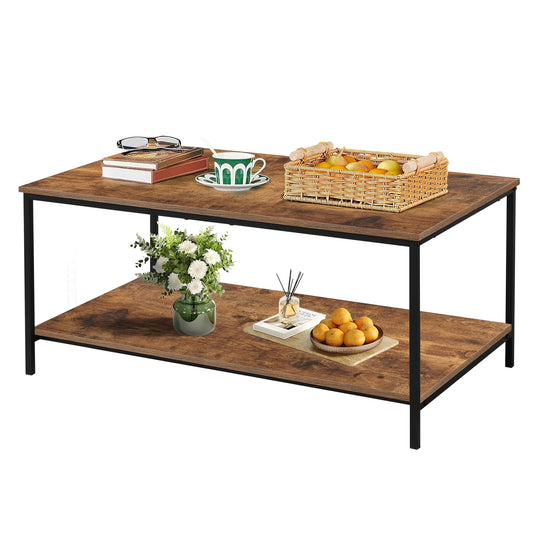 2-Tier Coffee Table with Storage Shelf, Brown Wood and Metal Frame Rectangle Table for Living Room, 39.3"x20"x16"