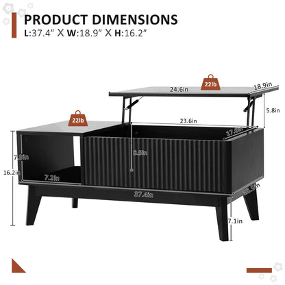 LYNCOHOME Fluted Lift Top Coffee Table with Hidden Compartment – Modern Wood Center Table for Living Room or Home Office, Black Finish