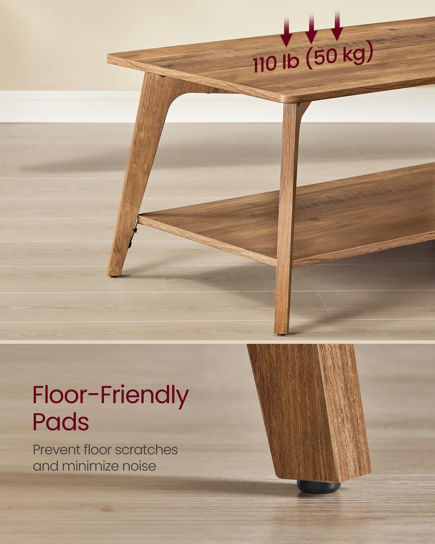 VASAGLE MAEZO Collection 2-Tier Coffee Table with Storage, Tapered Legs & Curved Transitions – 21.7" x 39.4" x 17.7" Modern Center Table for Living Room, Easy Assembly, Honey Brown (ULCT249K01)