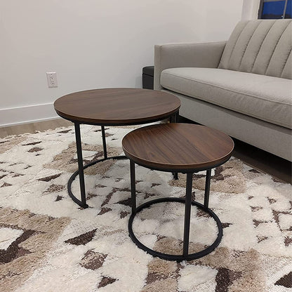 Nesting Coffee Table Set of 2, Round End Tables with Sturdy Metal Frame for Living Room or Bedroom, Modern Industrial Style