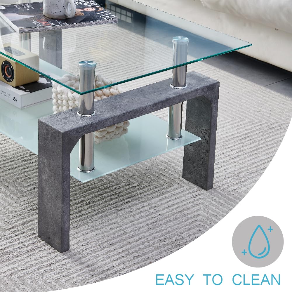 Living Room Rectangle Coffee Table, Modern Glass Tea Table with Wooden Legs & Lower Storage Shelf, Stylish Center Table for Waiting Room or Home, Grey Marble