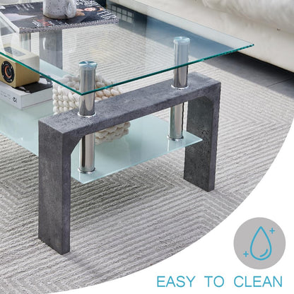 Living Room Rectangle Coffee Table, Modern Glass Tea Table with Wooden Legs & Lower Storage Shelf, Stylish Center Table for Waiting Room or Home, Grey Marble