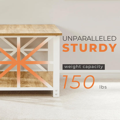 GreenForest 39" Coffee Table with Round Corners, Farmhouse Center Table with 2-Tier Storage Shelf, X-Frame Design for Living Room, Oak