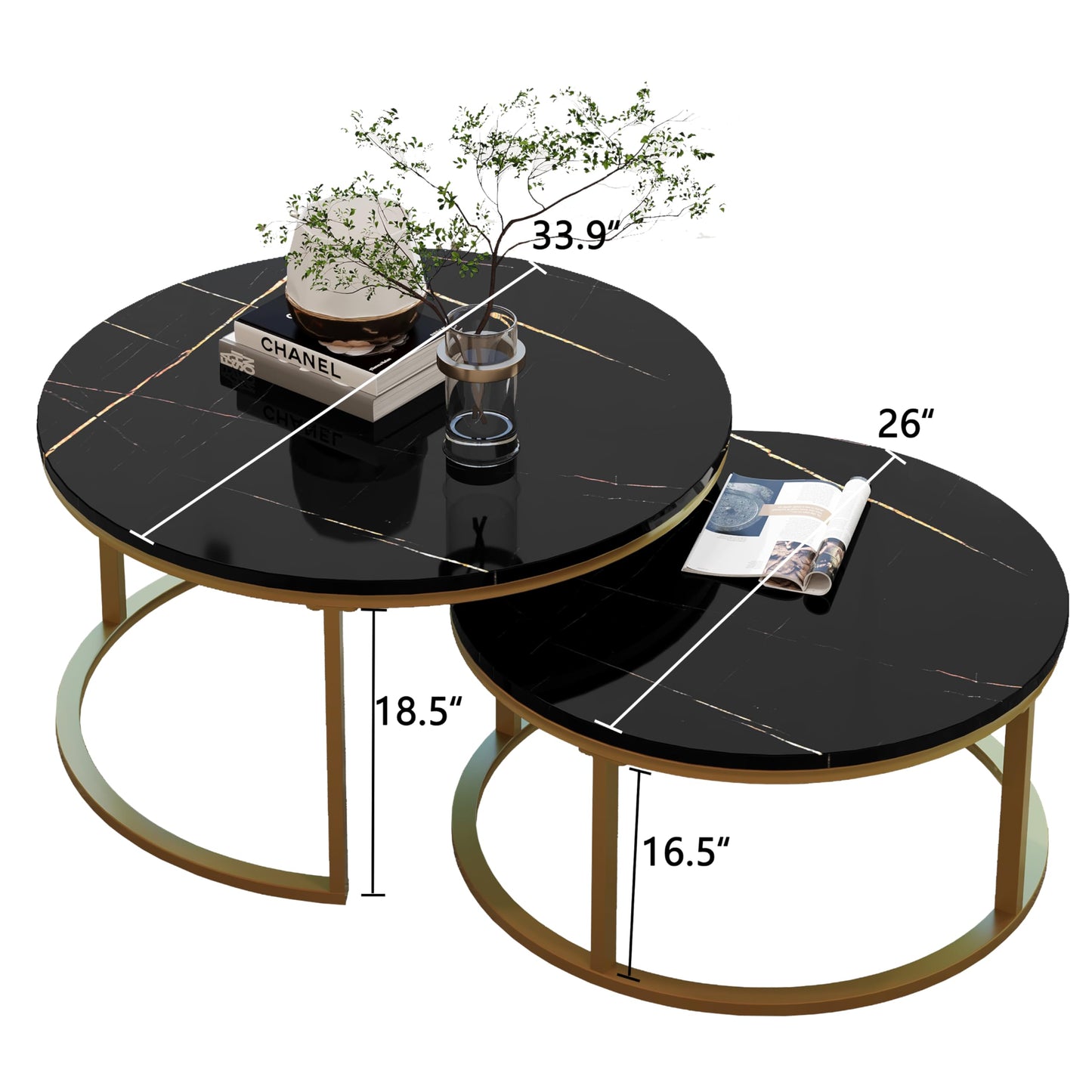 WiberWi Round Nesting Coffee Tables Set of 2 – Large Ø34", Small Ø26", Modern Gold Metal Frame Circle Tables with High Gloss Faux Black Marble Top for Living Room