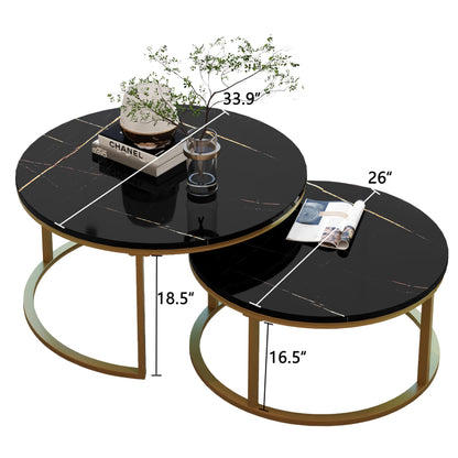 WiberWi Round Nesting Coffee Tables Set of 2 – Large Ø34", Small Ø26", Modern Gold Metal Frame Circle Tables with High Gloss Faux Black Marble Top for Living Room