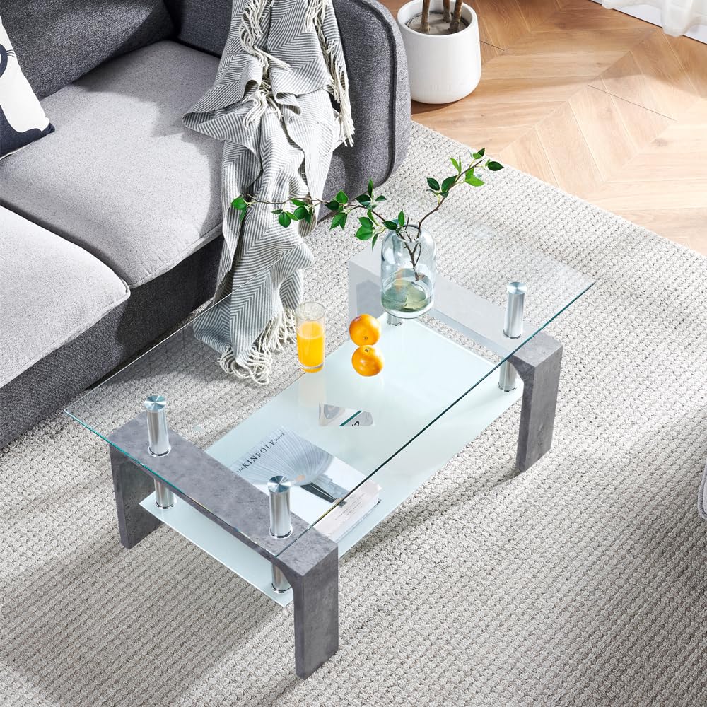 Living Room Rectangle Coffee Table, Modern Glass Tea Table with Wooden Legs & Lower Storage Shelf, Stylish Center Table for Waiting Room or Home, Grey Marble
