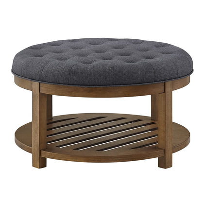 24KF Large Round Upholstered Tufted Linen Ottoman Coffee Table with Wooden Storage Shelf, Large Footrest Ottoman for Living Room, Charcoal