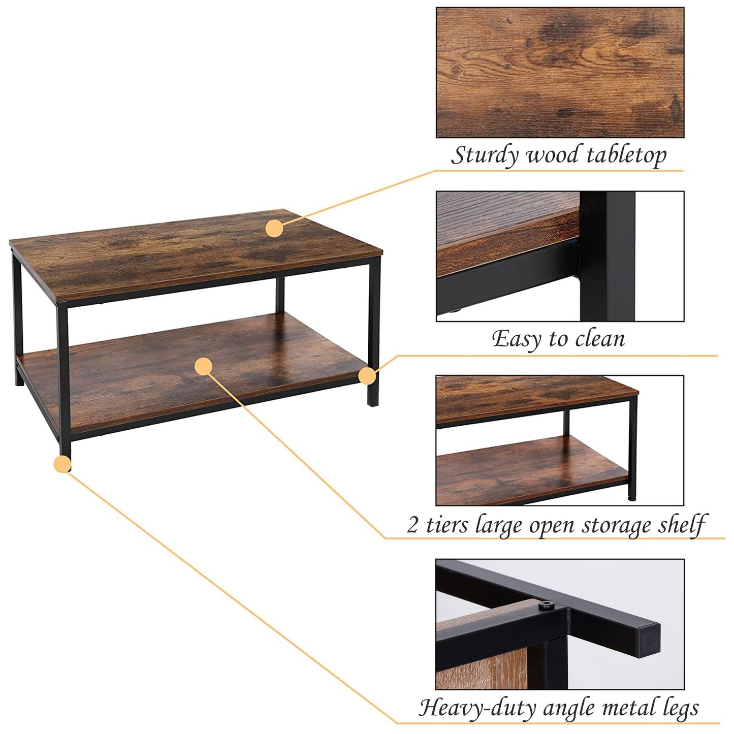 SUPER DEAL 2-Tier Industrial Coffee Table with Storage Shelf – Rustic Brown Rectangle Wood and Metal Center Table for Small Apartments, Living Room, or as a TV Stand/Side End Table