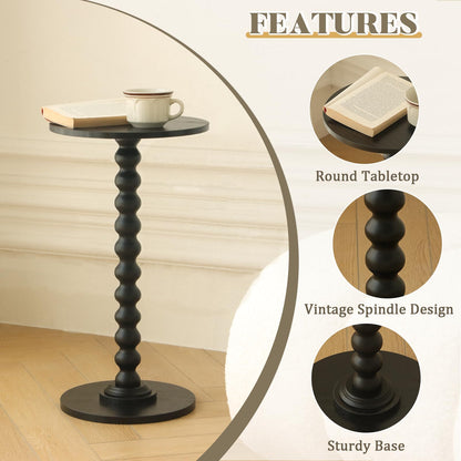 Round Side Table, Small Modern Drink Table with Solid Wood Legs for Living Room, Bedroom, Office, Black