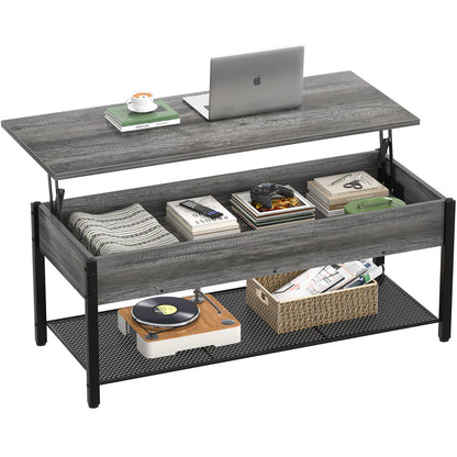 Lift Top Coffee Table with Storage Shelf and Hidden Compartment, Modern Wood and Metal Table for Living Room, Black Oak