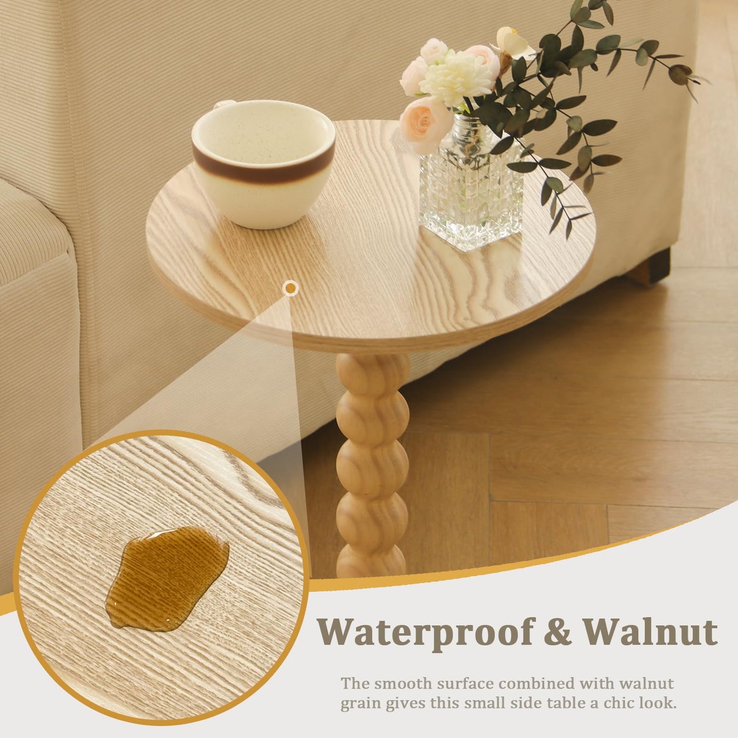 Round Side Table, Small Modern Drink Table with Solid Wood Legs for Living Room, Bedroom, Office, Natural