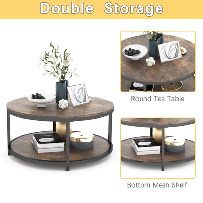 NSdirect 36" Round Coffee Table for Living Room – Rustic Brown Wooden Top with Sturdy Metal Legs, 2-Tier Industrial Sofa Table with Open Storage Shelf, Modern Home Furniture