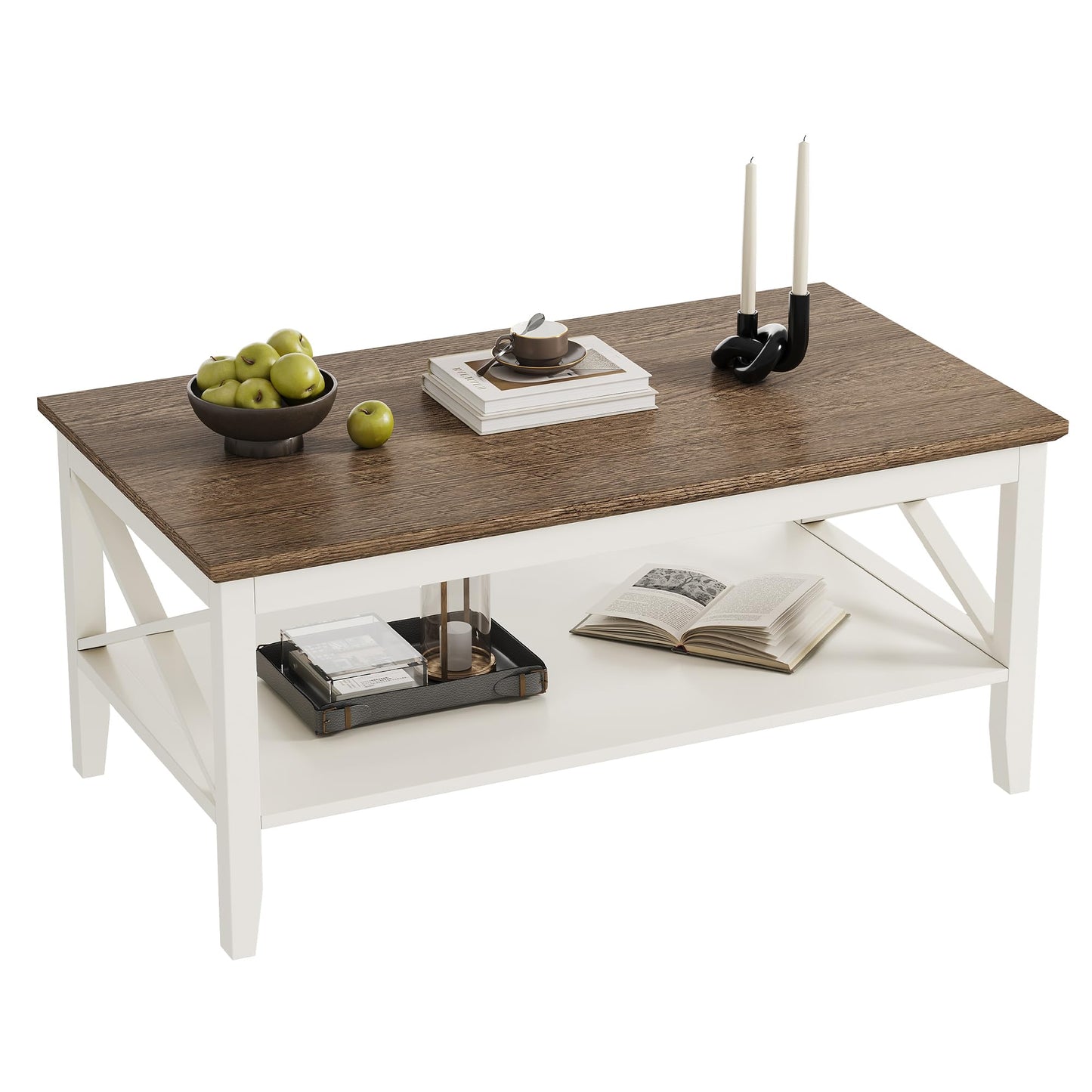 White Wooden Farmhouse Coffee Table with Thick Legs and Storage for Living Room