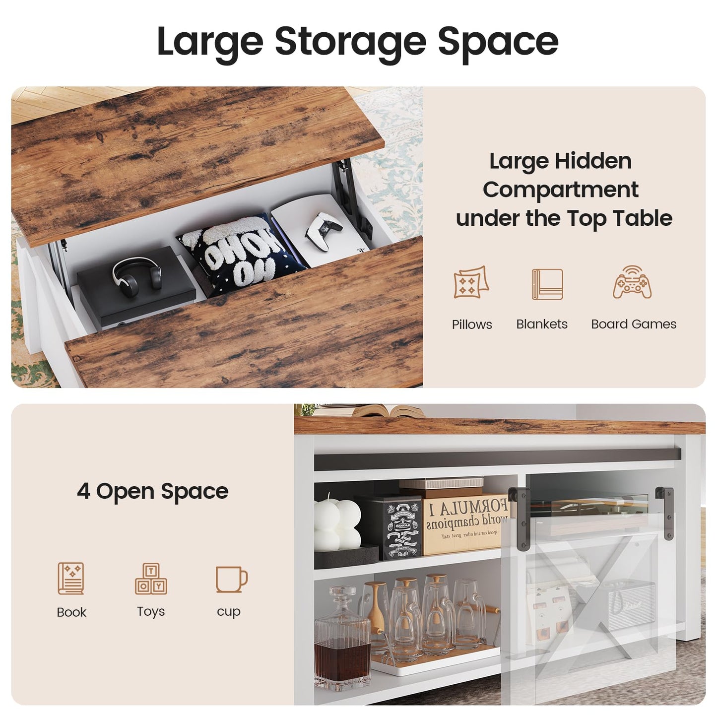 SEDETA 31.5" Lift Top Square Coffee Table with Storage – Farmhouse Living Room Table featuring Large Hidden Compartment, Adjustable Shelves & Modern White Finish