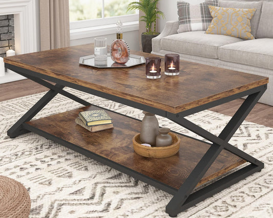 HSH 47" Rustic Coffee Table with Storage Shelf – Industrial Metal & Wood 2-Tier Rectangle Center Table, Farmhouse Minimalist Living Room Coffee Table, Rustic Brown