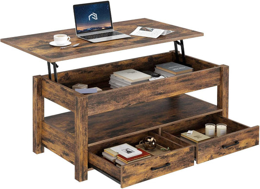 Rolanstar Lift Top Coffee Table with Drawers & Hidden Compartment – Retro Wooden Central Table with Adjustable Lift Tabletop for Living Room, Rustic Brown