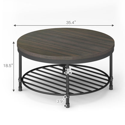 NSdirect 36" Round Coffee Table with Storage Shelf – Dark Grey Brown Vintage Wood Top & Sturdy Metal Legs, 18.5" Height Modern Center Table for Living Room or Small Spaces