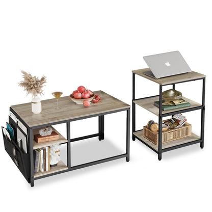 WLIVE Adjustable Coffee Table Set of 2 – Small End Tables for Living Room or Bedroom, Grey