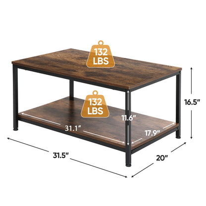 SUPER DEAL 2-Tier Industrial Coffee Table with Storage Shelf – Rustic Brown Rectangle Wood and Metal Center Table for Small Apartments, Living Room, or as a TV Stand/Side End Table