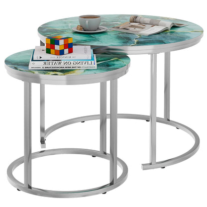 Nesting Coffee Table Set of 2, Round Green Art Top Tables with Sturdy Metal Frame for Living Room or Bedroom, Modern Industrial Style