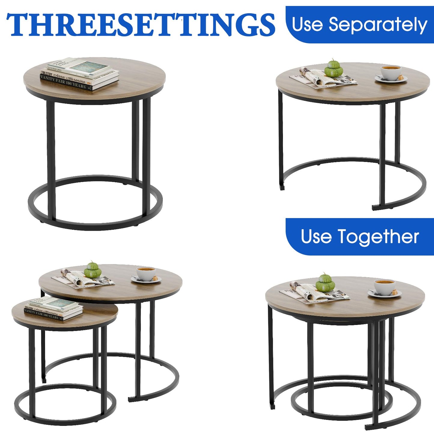 Nesting Coffee Table Set of 2, Round End Tables with Sturdy Metal Frame for Living Room or Bedroom, Oak