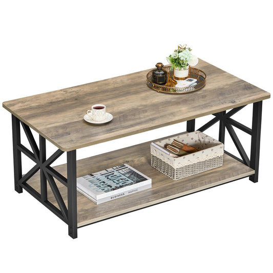 GreenForest 39" Coffee Table for Living Room, Farmhouse Style Center Table with Round Corners & Storage Shelf, Space-Saving Design, Easy Assembly, Gray Wash