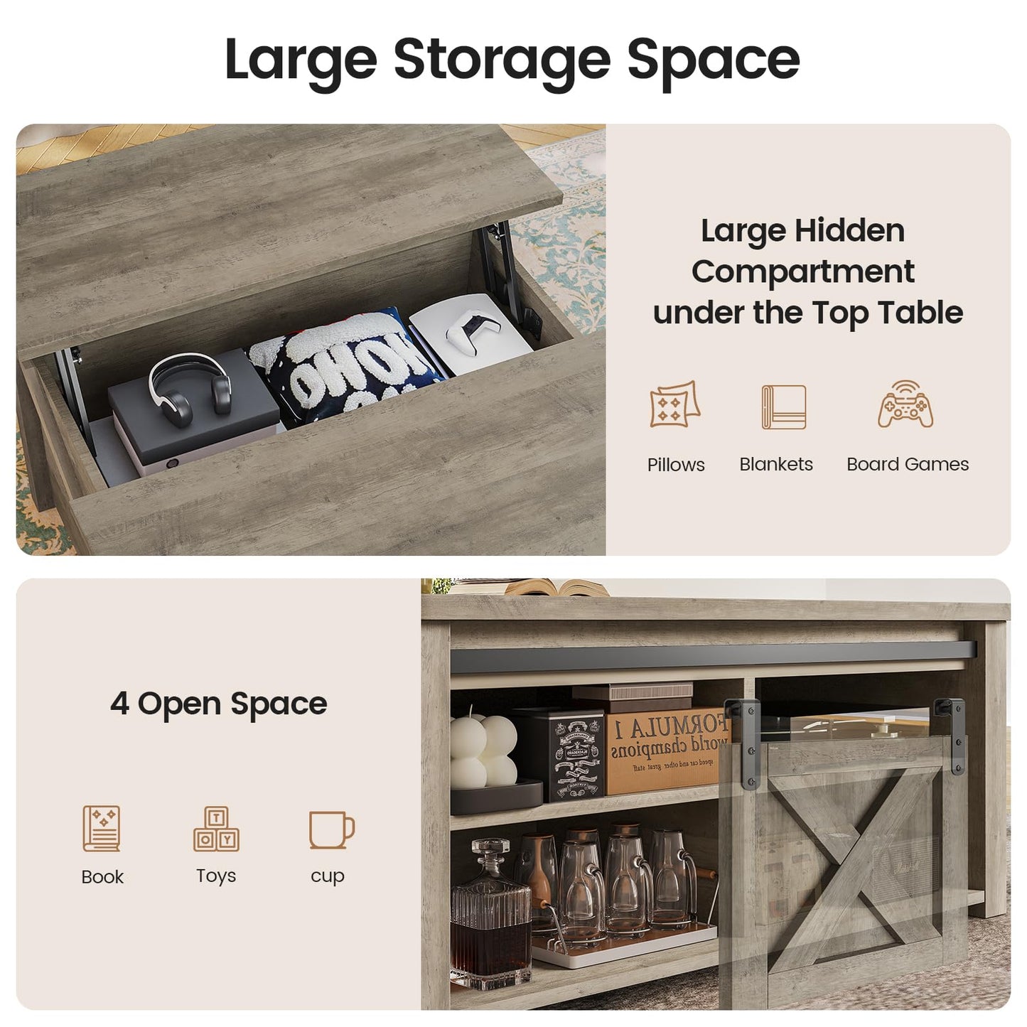 SEDETA 31.5" Lift Top Square Coffee Table with Storage – Farmhouse Living Room Table featuring Large Hidden Compartment, Adjustable Shelves & Modern Grey Finish