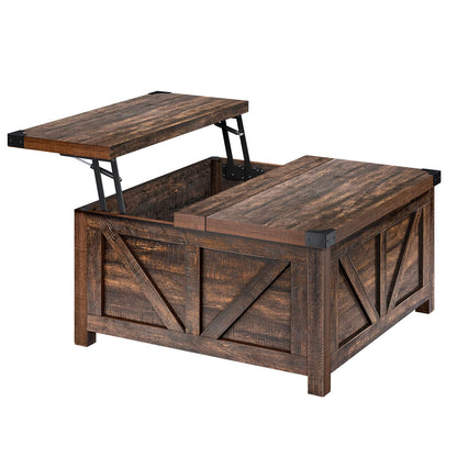 Farmhouse Lift Top Coffee Table with Storage and Charging Station – Brown Wood Square Center Table with USB Ports, Hidden Compartment, and Spacious Storage for Living Room, Bedroom, or Home Office