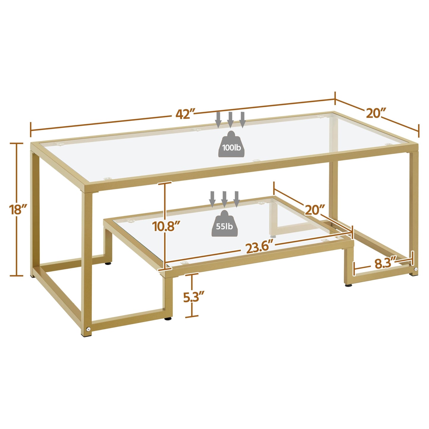 42" Rectangular Glass Coffee Table with Gold Metal Frame, 2-Tier Center Table for Living Room, Office, or Small Spaces