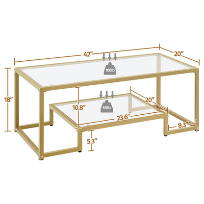 42" Rectangular Glass Coffee Table with Gold Metal Frame, 2-Tier Center Table for Living Room, Office, or Small Spaces