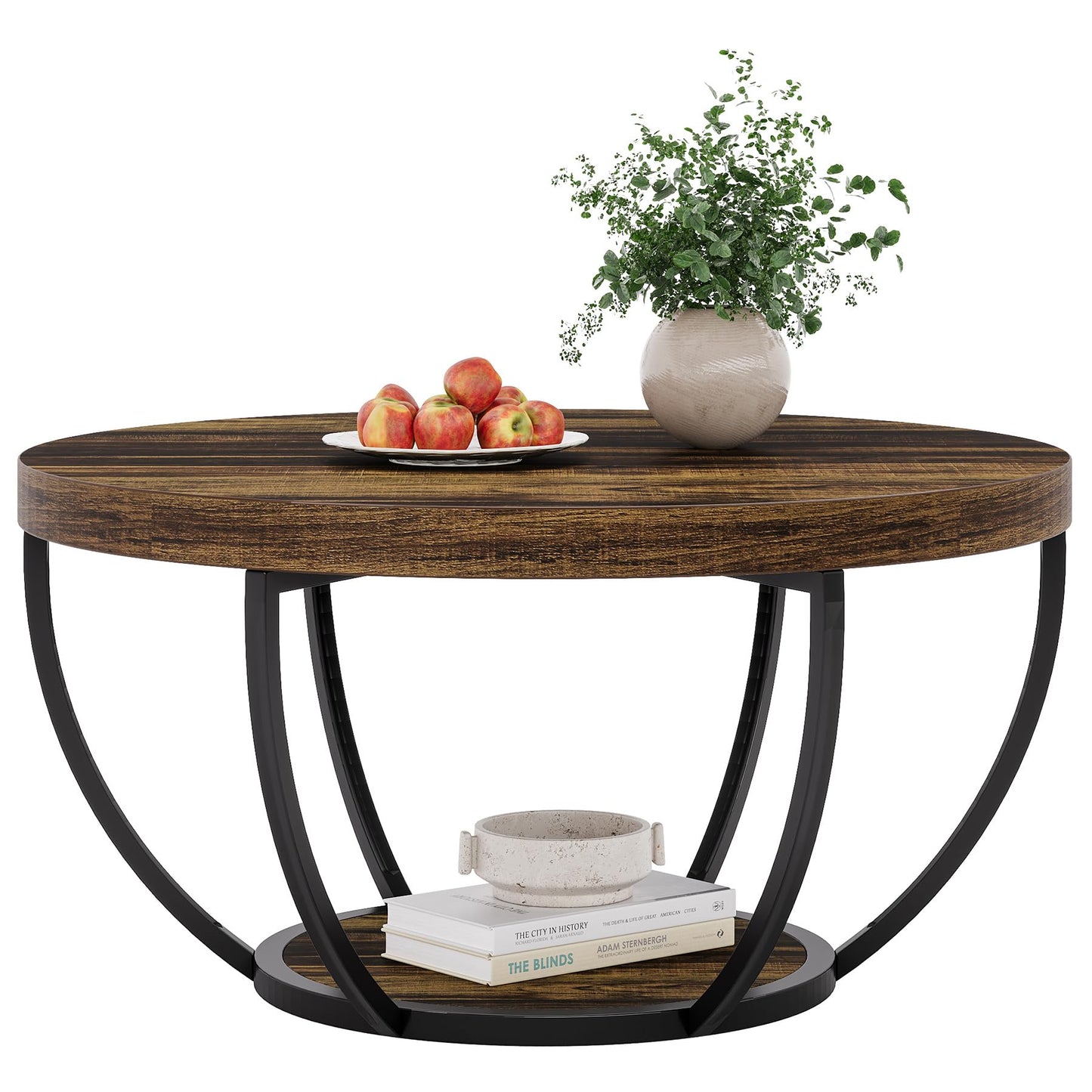 Tribesigns 31.7" Round Coffee Table, Modern 2-Tier Wooden Circle Coffee Table with Storage Shelves, Rustic Brown Accent Cocktail Center Table for Living Room