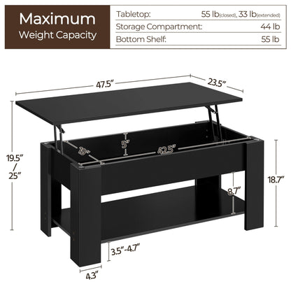 Yaheetech 47.5" Lift Top Coffee Table with Hidden Compartment & Storage Shelf – Rising Tabletop Convertible Dining Table for Living Room or Reception, Black