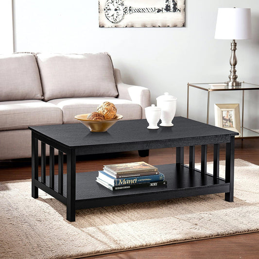 Black Wood Mission Coffee Table with Shelf, 40 Inch Living Room Table