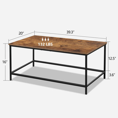Modern Industrial Rectangular Coffee Table, Brown Wood and Metal Frame, Rustic Accent Table for Living Room, 39.3"x20"x16"