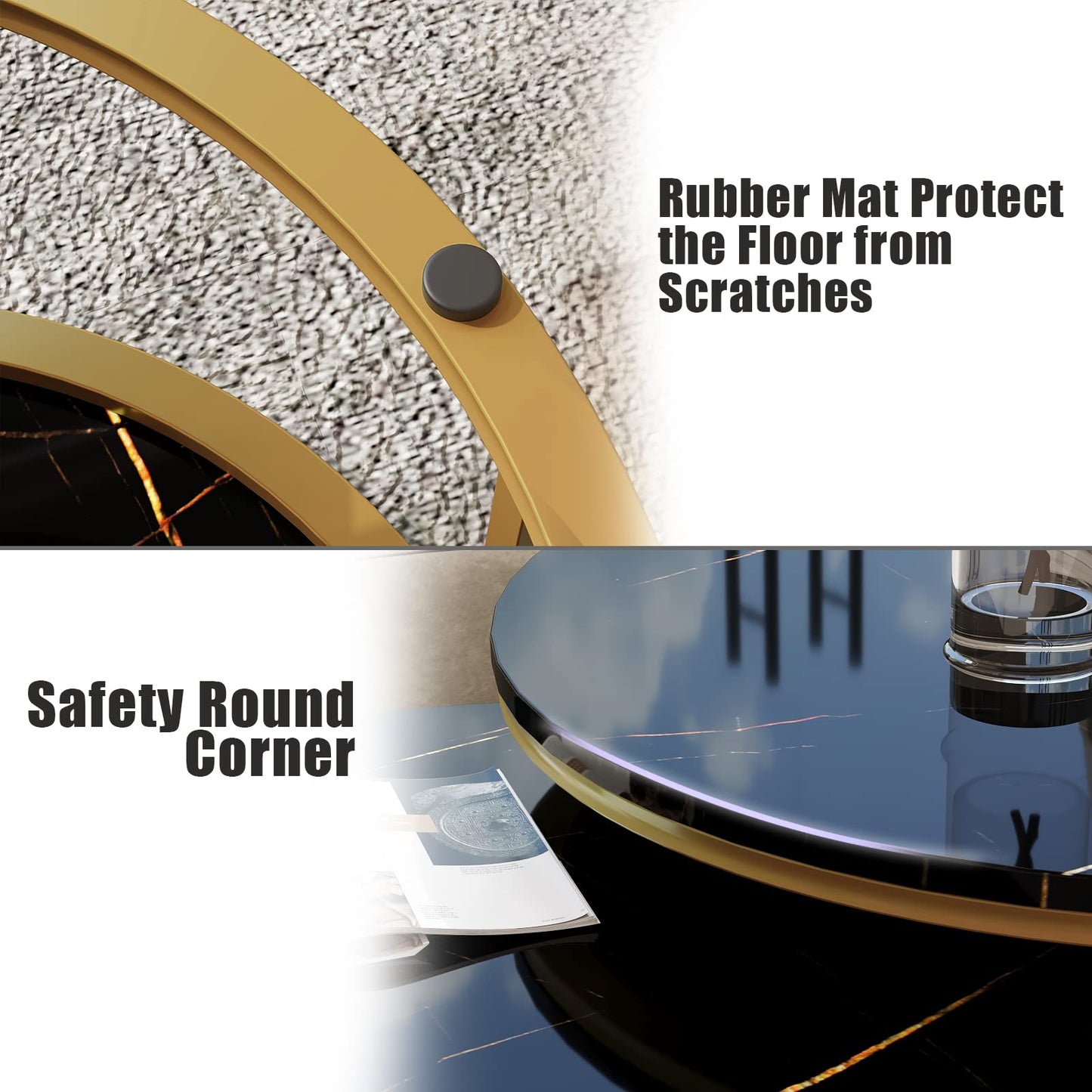 WiberWi Round Nesting Coffee Tables Set of 2 – Large Ø34", Small Ø26", Modern Gold Metal Frame Circle Tables with High Gloss Faux Black Marble Top for Living Room