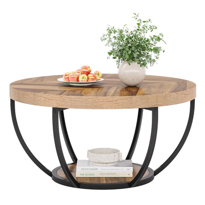 Tribesigns 31.7" Round Industrial Coffee Table, 2-Tier Wood and Black Metal Accent Center Table with Storage Shelves for Living Room or Home Office, Easy Assembly