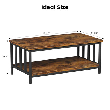 Farmhouse Coffee Table with Slatted Frame, Rustic Black and Brown Living Room Table for Home or Office, 39 Inch
