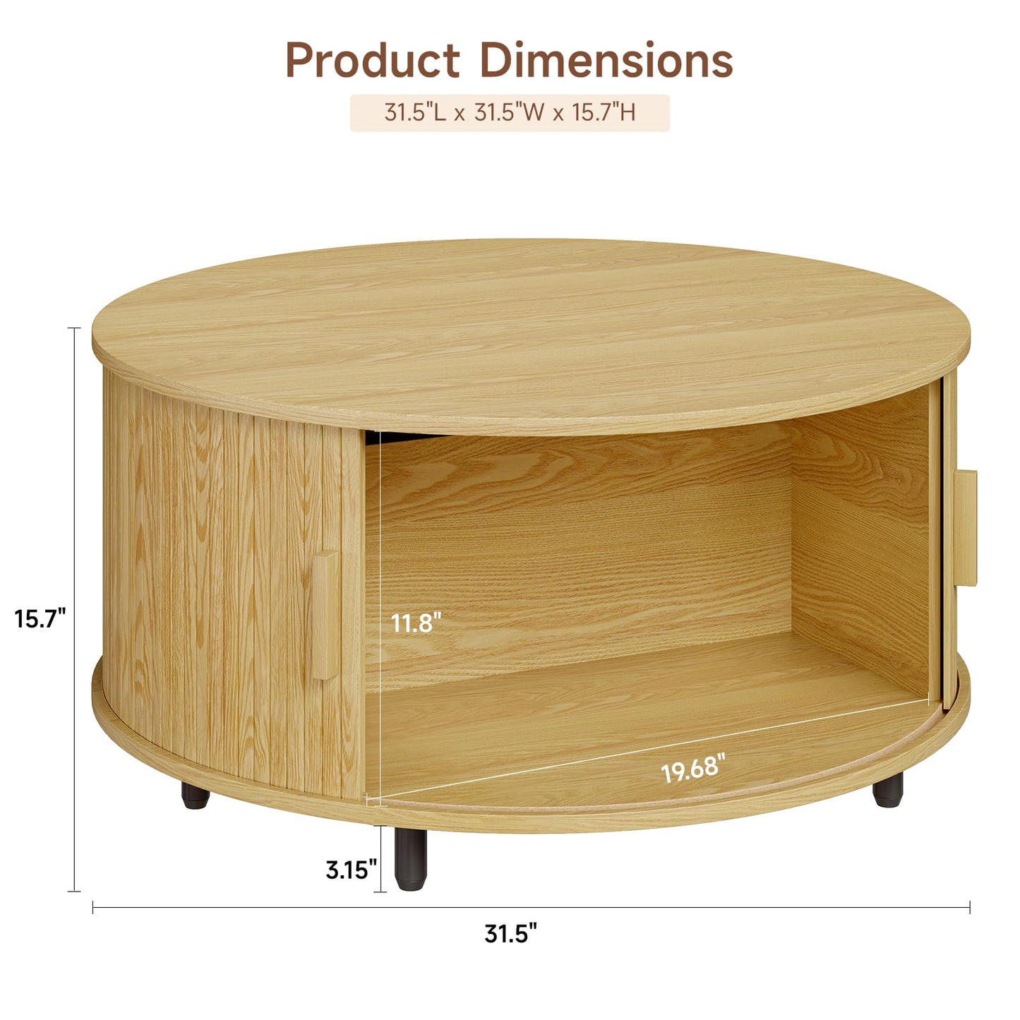 Round Coffee Table with Storage, 31.5" Modern Fluted Wood Table with 360° Sliding Door and Adjustable Footpads, Oak