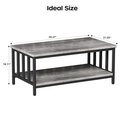 Modern Farmhouse Coffee Table with Slatted Frame, 2-Tier Storage Shelf for Living Room or Office, 39 Inch Grey Wash