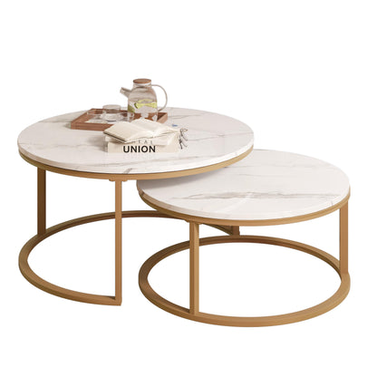 WiberWi Round Nesting Coffee Tables Set of 2 – Large Ø34", Small Ø26", Modern Gold Metal Frame Circle Tables with High Gloss Faux White Marble Top for Living Room