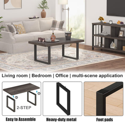 IBF 47" Rustic Coffee Table – Modern Industrial Wood and Metal Rectangle Center Table, Minimalist Farmhouse Cocktail Table for Living Room, Dark Gray Oak