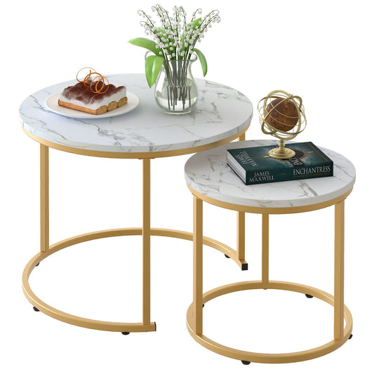 Nesting Coffee Table Set of 2, Round Marble Pattern Wooden Tables with Gold Frame for Living Room or Bedroom, White