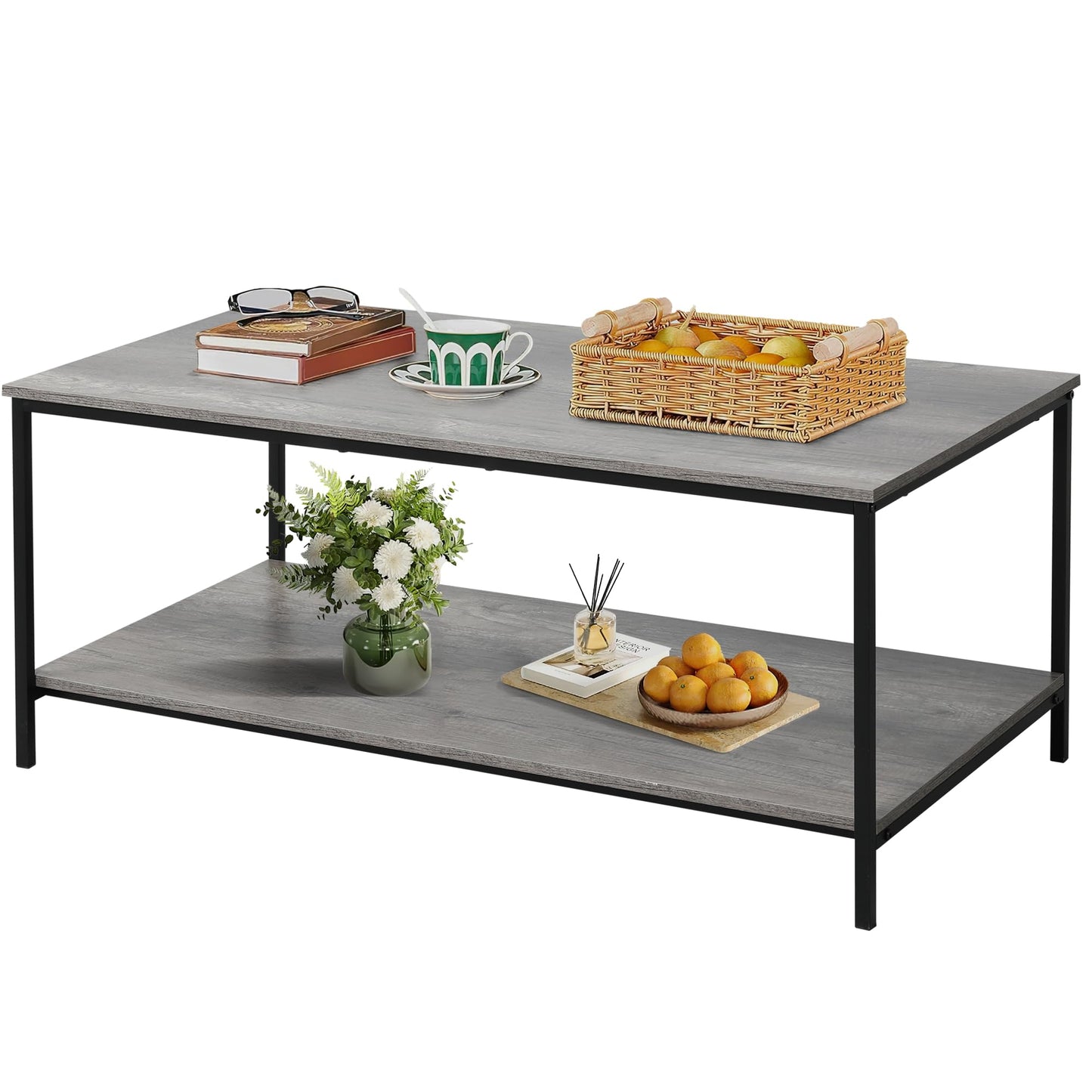 2-Tier Coffee Table with Storage Shelf, Grey Oak Wood and Metal Frame Rectangle Table for Living Room, 39.3"x20"x16"